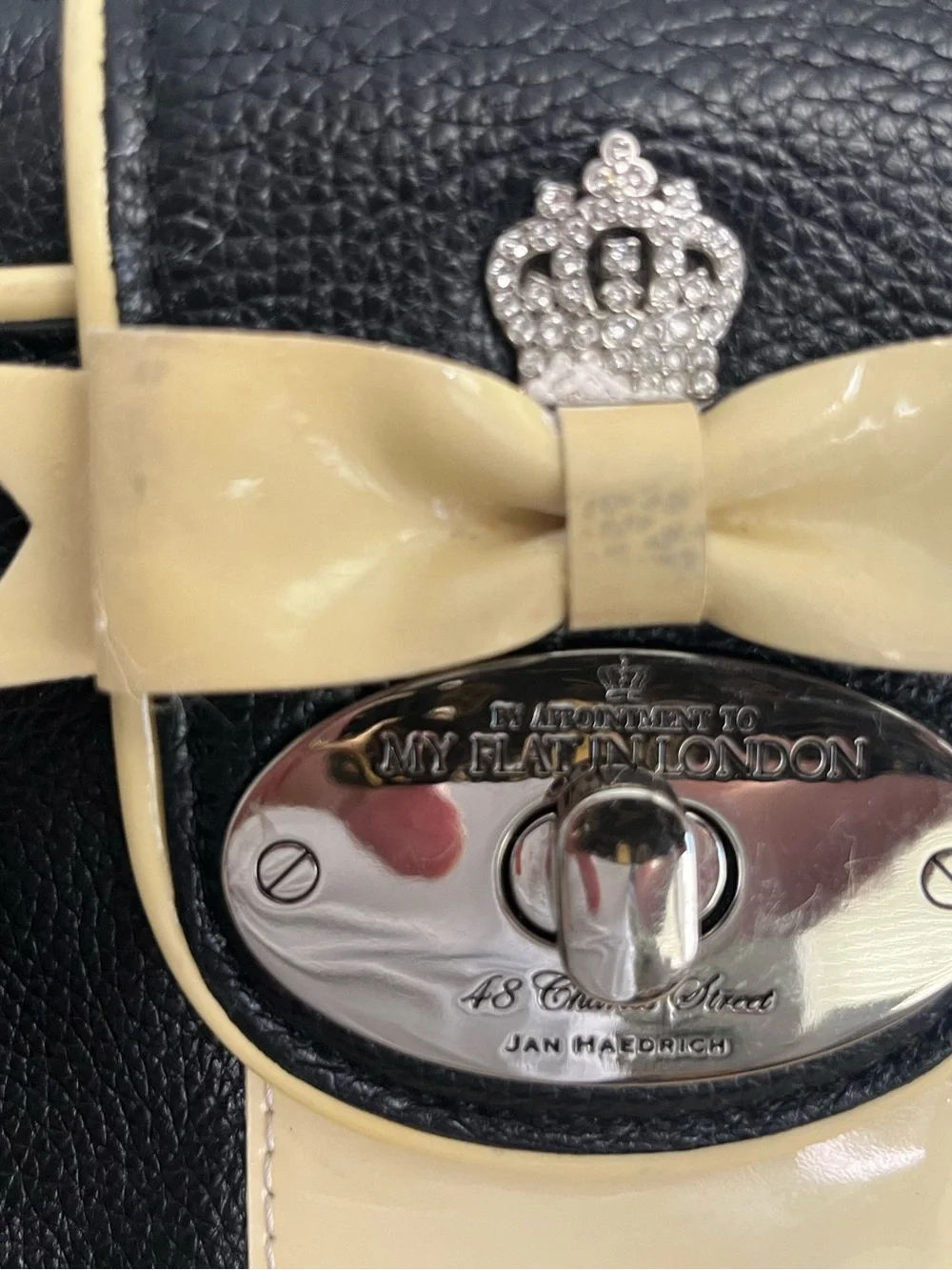 MY FLAT IN LONDON DEBUTANTE Black & Cream Soft Leather Bowtie Satchel